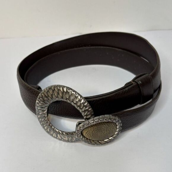 Chico’s Accessories - Chico’s Dark Brown Textured Leather Belt Interlock Hammered Silver & Gold Buckle